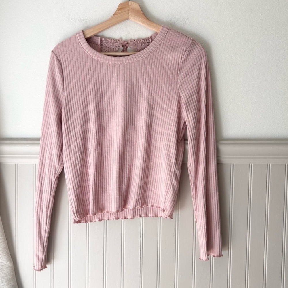 American Rag Size Medium Light Pink Ribbed Long Sleeve Top Corset Back - Picture 2 of 5